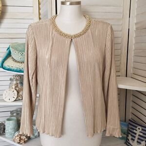 Xscape‎ Vintage Ivory Shimmer Pleated Open-Front Blazer with Pearl Neckline SZ 8